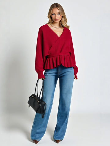 Women's European American Style V-Neck Cross Lace Sweater Autumn Winter Fashion Front And Back Design