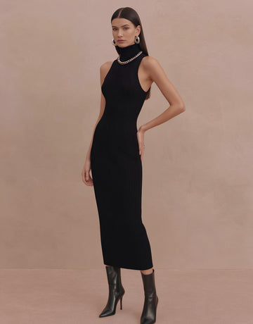 Autumn High Neck Sleeveless Tight Midi Dress Casual Length To Knee Women's Dress Fashion Style Comfortable Fit Gown
