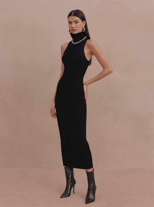 Autumn High Neck Sleeveless Tight Midi Dress Casual Length To Knee Women's Dress Fashion Style Comfortable Fit Gown