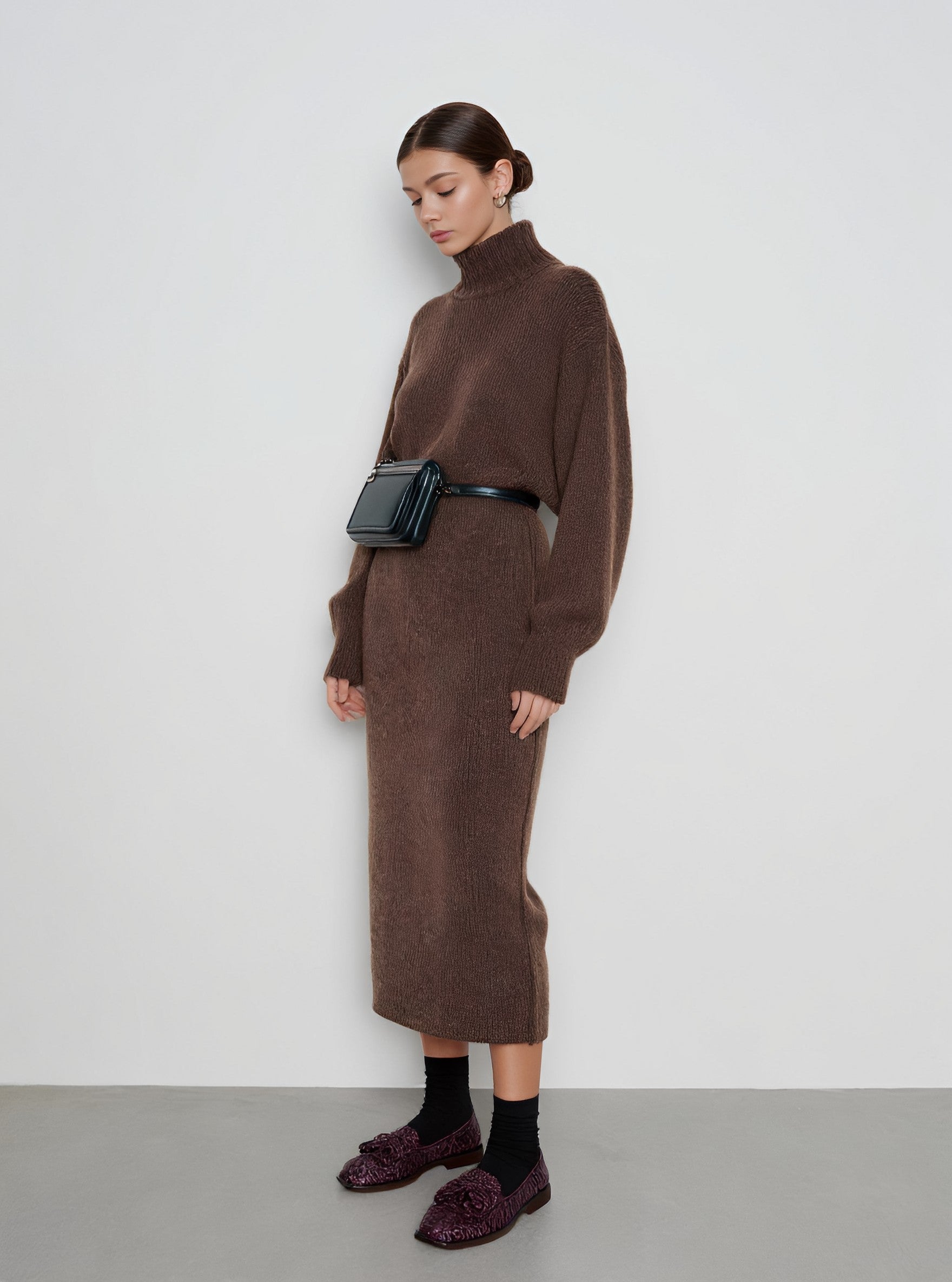 Winter Tight Fit High Collar Midi Dress Casual Straight Sleeve Long Skirt Style Women's Clothing