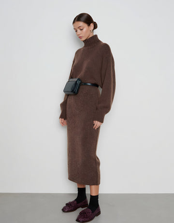 Winter Tight Fit High Collar Midi Dress Casual Straight Sleeve Long Skirt Style Women's Clothing