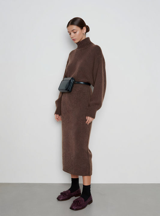 Winter Tight Fit High Collar Midi Dress Casual Straight Sleeve Long Skirt Style Women's Clothing