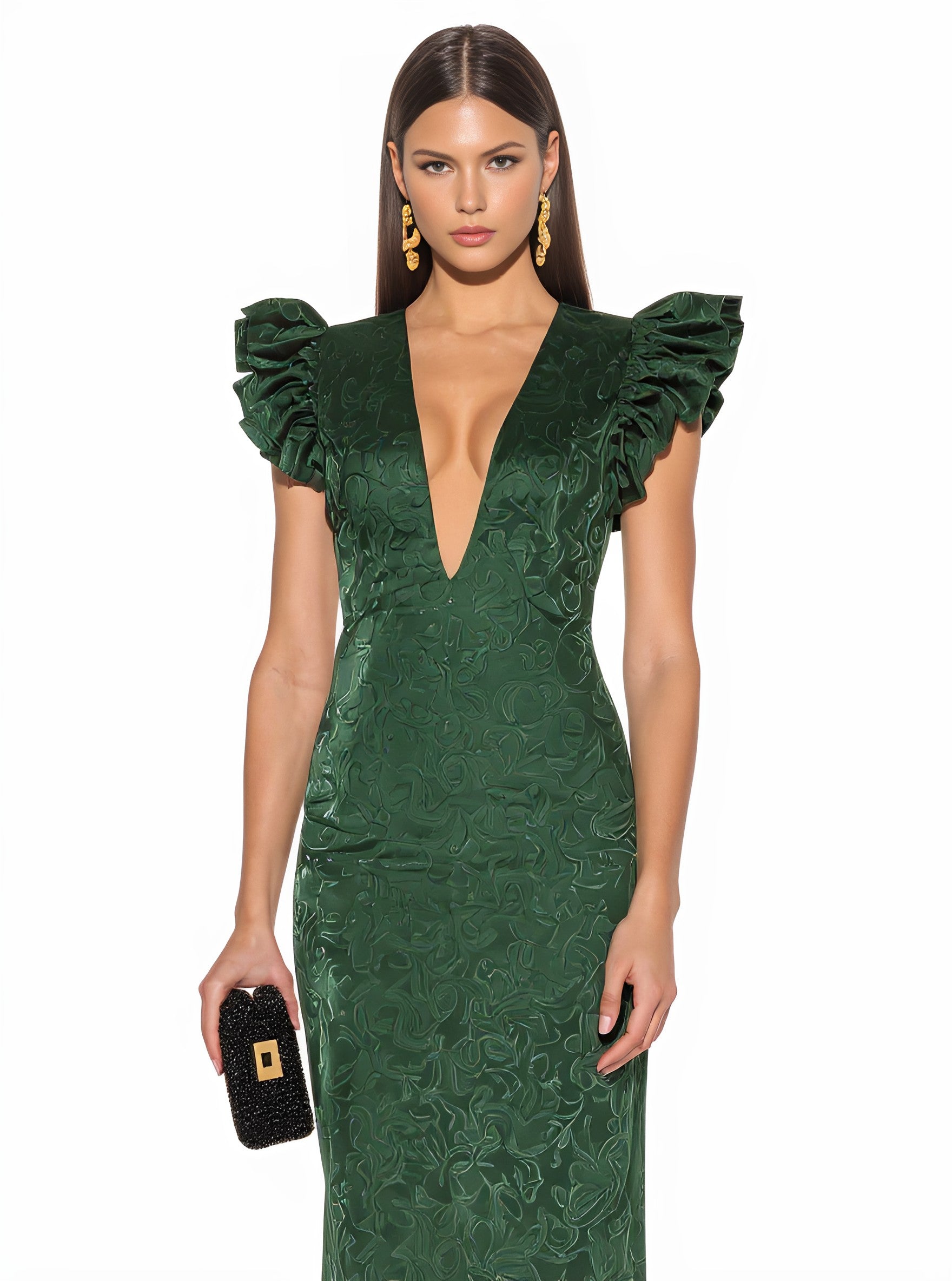 Autumn Winter Long Dress Plunge Neck Fly Sleeve Body Fit A-Line Skirt Style Formal Wear Women's Clothing Fashionable Gown