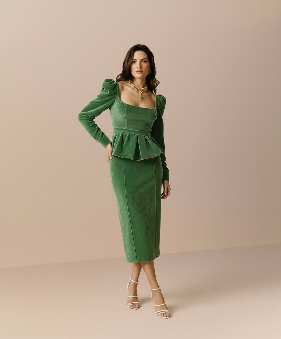 Autumn Winter Casual Dress Mid-Length Straight Skirt Design Square Collar Lamb Leg Sleeve Fit Body Style Women's Fashion