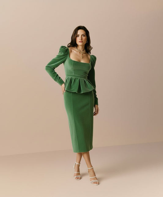 Autumn Winter Casual Dress Mid-Length Straight Skirt Design Square Collar Lamb Leg Sleeve Fit Body Style Women's Fashion