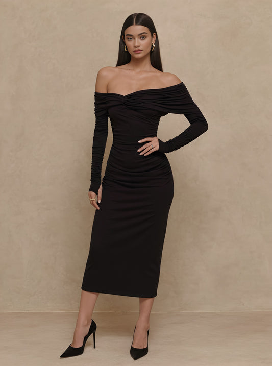 Autumn Tight Fit Mid-Length Dress With Shoulder Bows Straight Sleeve Casual Style Women's Fashion Skirt Type One Piece Dress