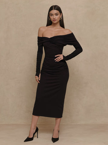 Autumn Tight Fit Mid-Length Dress With Shoulder Bows Straight Sleeve Casual Style Women's Fashion Skirt Type One Piece Dress
