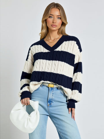 European And American Autumn Winter Long Sleeve V-Neck Twist Knitted Sweater Loose Fit Contrast Striped Women's Top