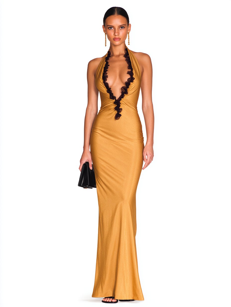 Casual Mid-Length Dress Autumn Winter Clothes Plunge Neck Lettuce Trim A-Line Skirt Straight Sleeve Women's Fashion Dress