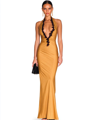 Casual Mid-Length Dress Autumn Winter Clothes Plunge Neck Lettuce Trim A-Line Skirt Straight Sleeve Women's Fashion Dress