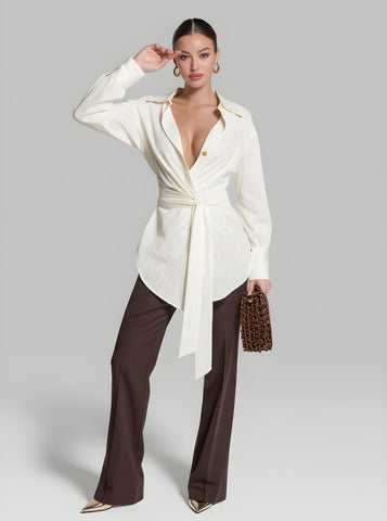 Autumn Shirts 2025 Women's Chic Plain Long Cuff Sleeve Shirt Collar Lace-Up Nipped Waists Basics Shirts