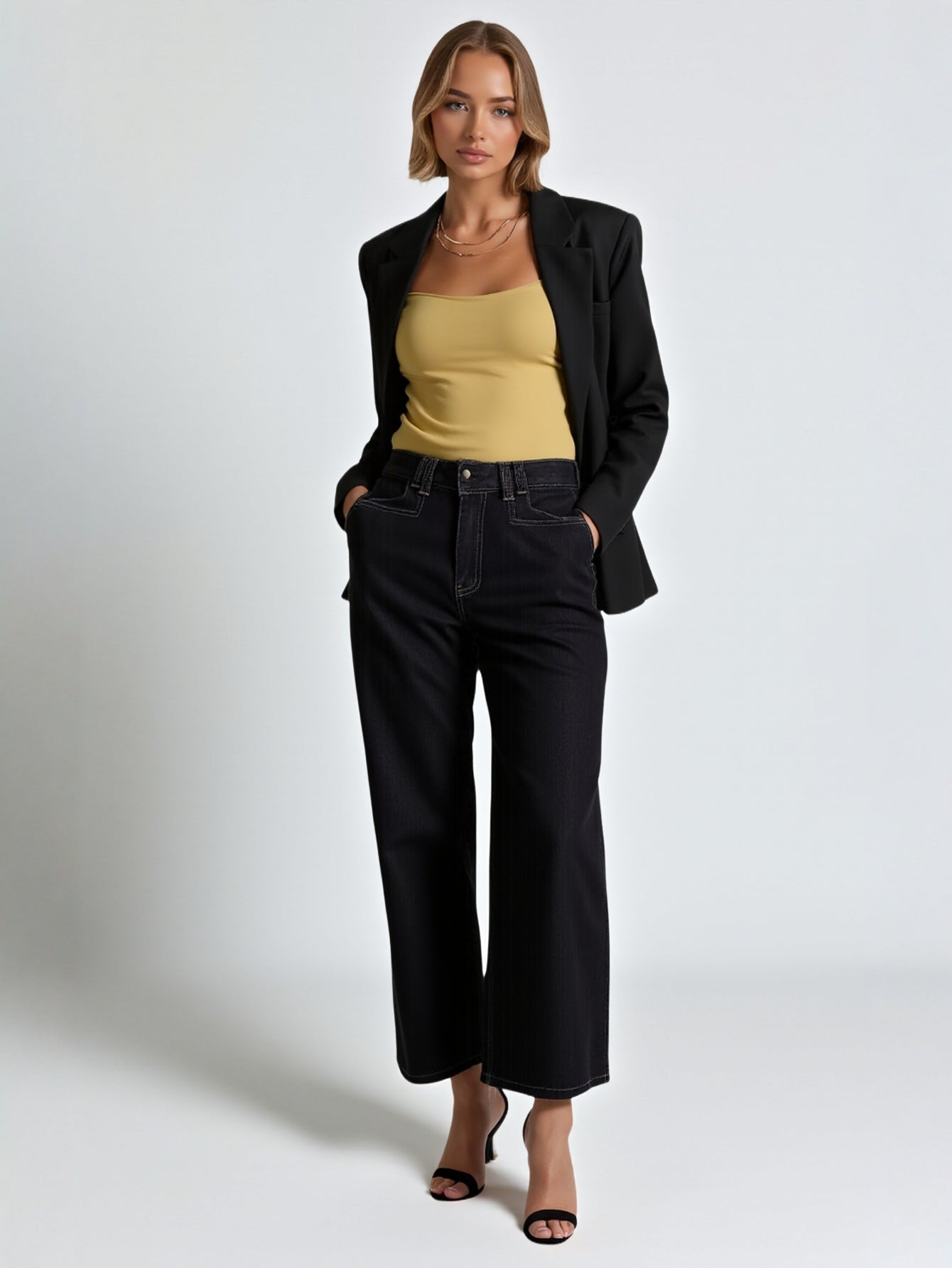 High Waist Elastic Fleece Wide Leg Jeans for Women Winter Solid Color High Waist Full Length Wide Leg