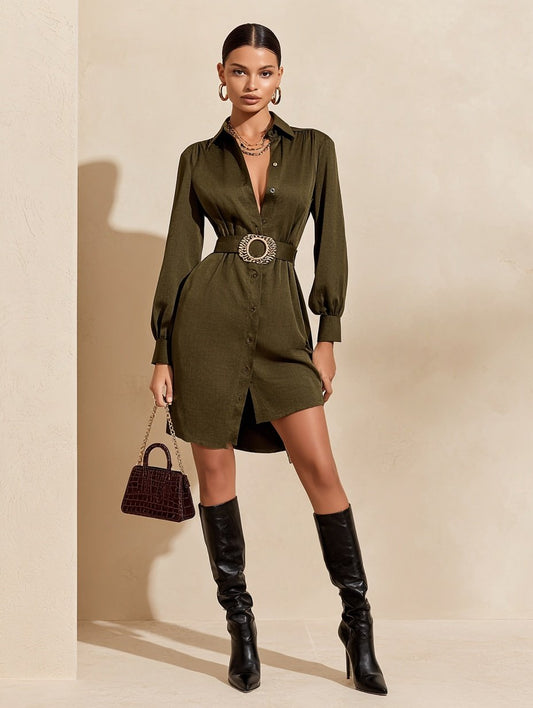 Autumn Dresses 2025 Women's Decent Plain Long Cuffed Sleeve Shirt Collar Button Party Mini Bodycon Dresses