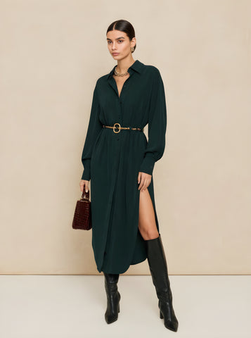 Autumn Dresses 2025 Women's Decent Plain Long Cuffed Sleeve Shirt Collar Side Slit Basics Midi Dresses