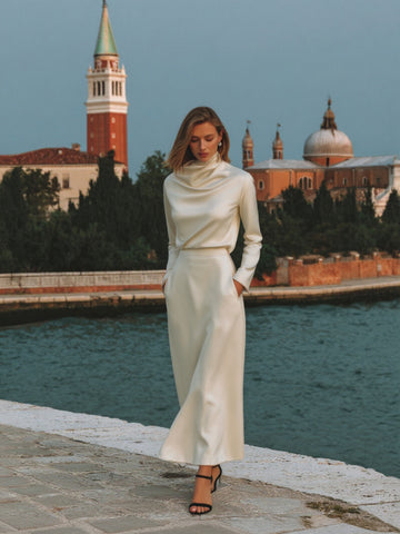 Women's Sets Autumn Winter Elegant Plain Bright Silk Long Sleeve Mock Neck Midi Vacation Lettuce Trim Sets