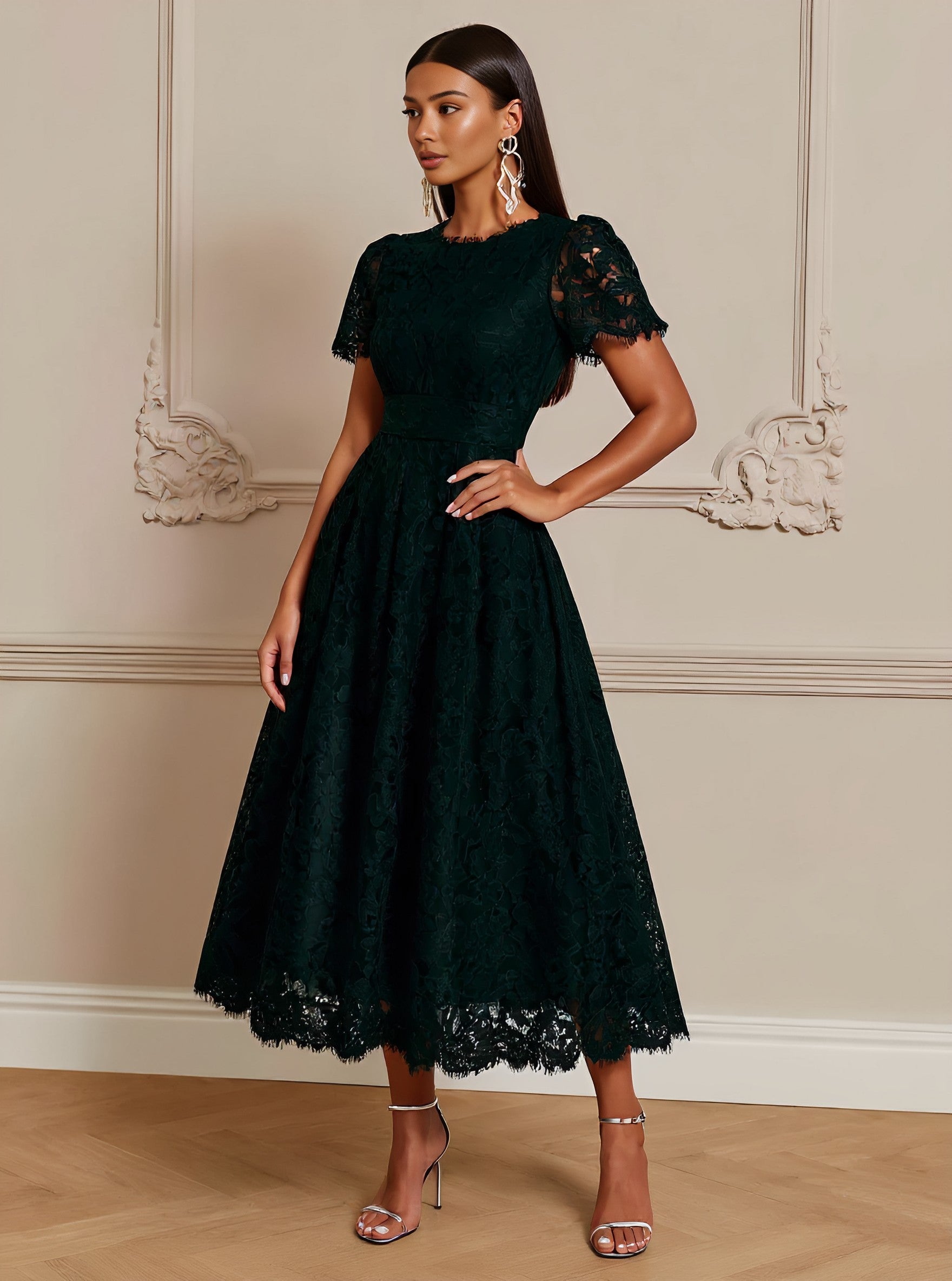 Autumn Casual Fit A-Line Dress Round Neck Mid-Length Skirt Regular Sleeve Style Women's Fashion Clothing