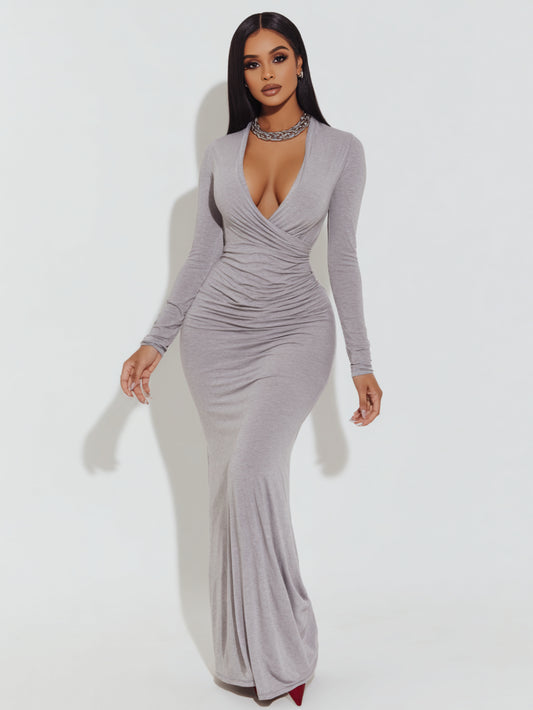 Women's 2025 Autumn Chic Dresses Long Sleeve Plunge Neck Plain Daily Skinny Fit Dresses