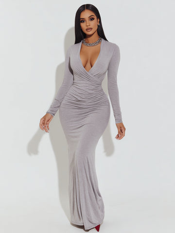 Women's 2025 Autumn Chic Dresses Long Sleeve Plunge Neck Plain Daily Skinny Fit Dresses