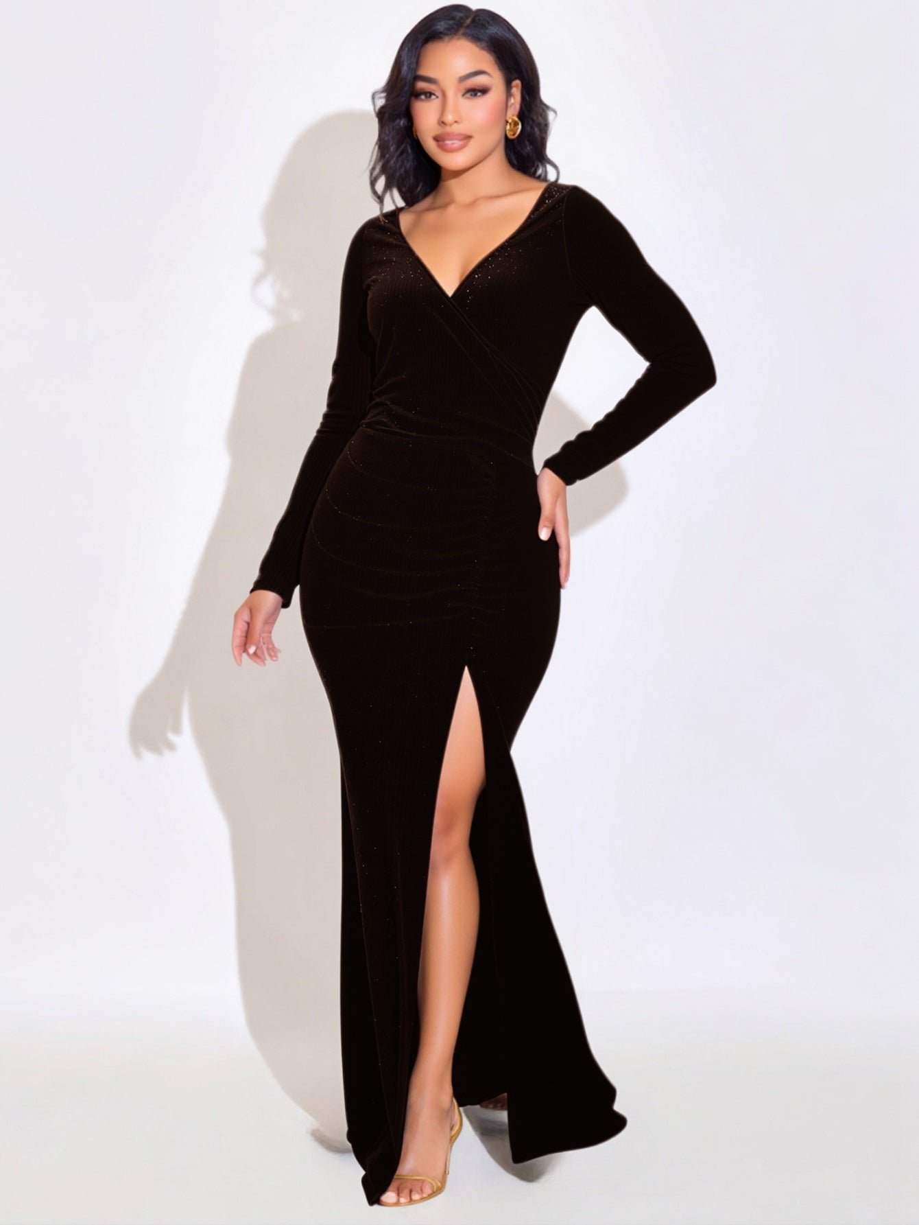 2025 Autumn Women's Dresses Sexy Plain Long Sleeve Plunge Neck Ruched High-Slit Elegant Maxi Evening Dresses