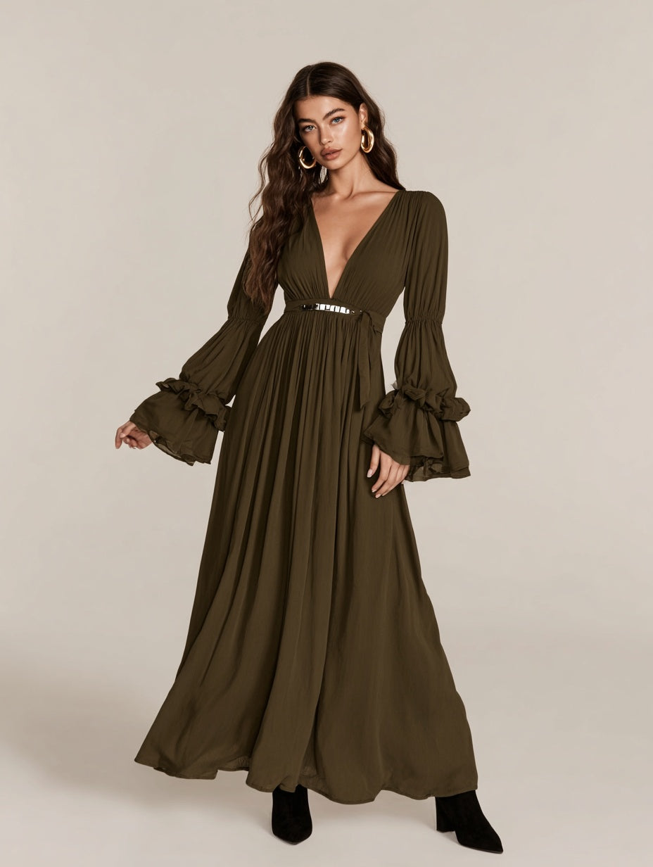 Autumn Dresses 2025 Women's Sexy Plain Long Flare Sleeve V-Neck Flounce Party Draped Midi A-Line Dresses