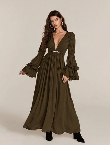 Autumn Dresses 2025 Women's Sexy Plain Long Flare Sleeve V-Neck Flounce Party Draped Midi A-Line Dresses