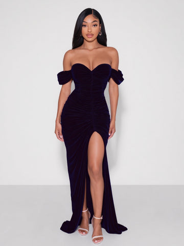 Women's 2025 Summer Fashion Dresses Sleeveless Off Shoulder Side Slit Plain Party Skinny Fit Dresses