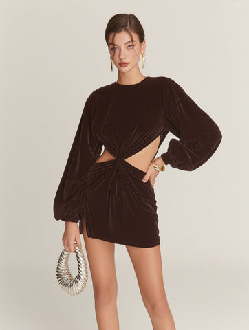 Autumn Dresses 2025 Women's Decent Plain Long Sleeve Crew Neck Folds Cut-Out Party Mini Bodycon Dresses