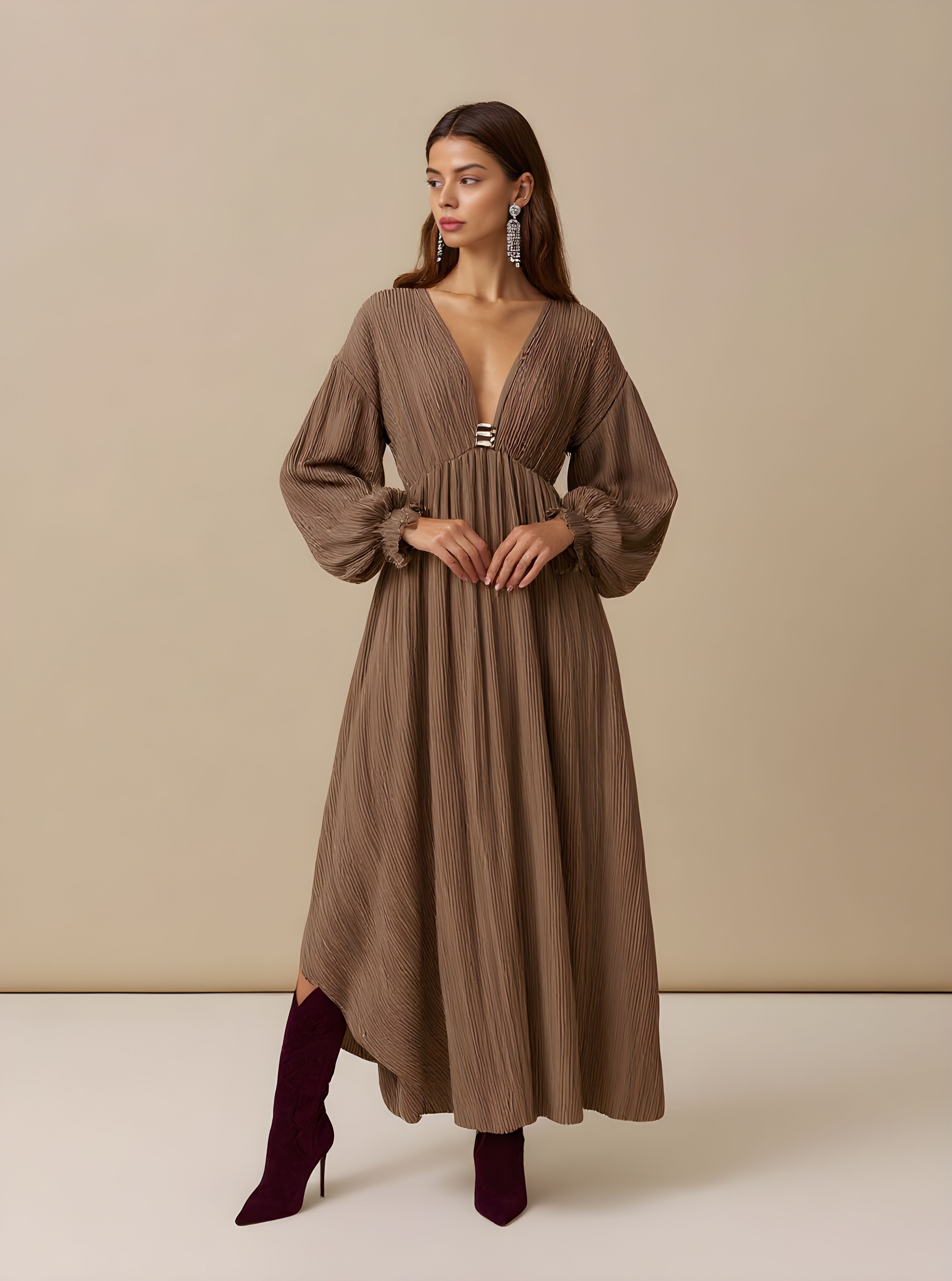 Autumn Dresses 2025 Women's Casual Plain Long Lantern Sleeve V-Neck Nipped Waists A-Line Basics Midi Dresses