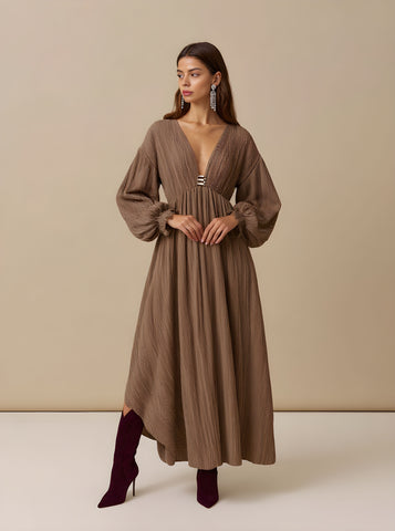Autumn Dresses 2025 Women's Casual Plain Long Lantern Sleeve V-Neck Nipped Waists A-Line Basics Midi Dresses
