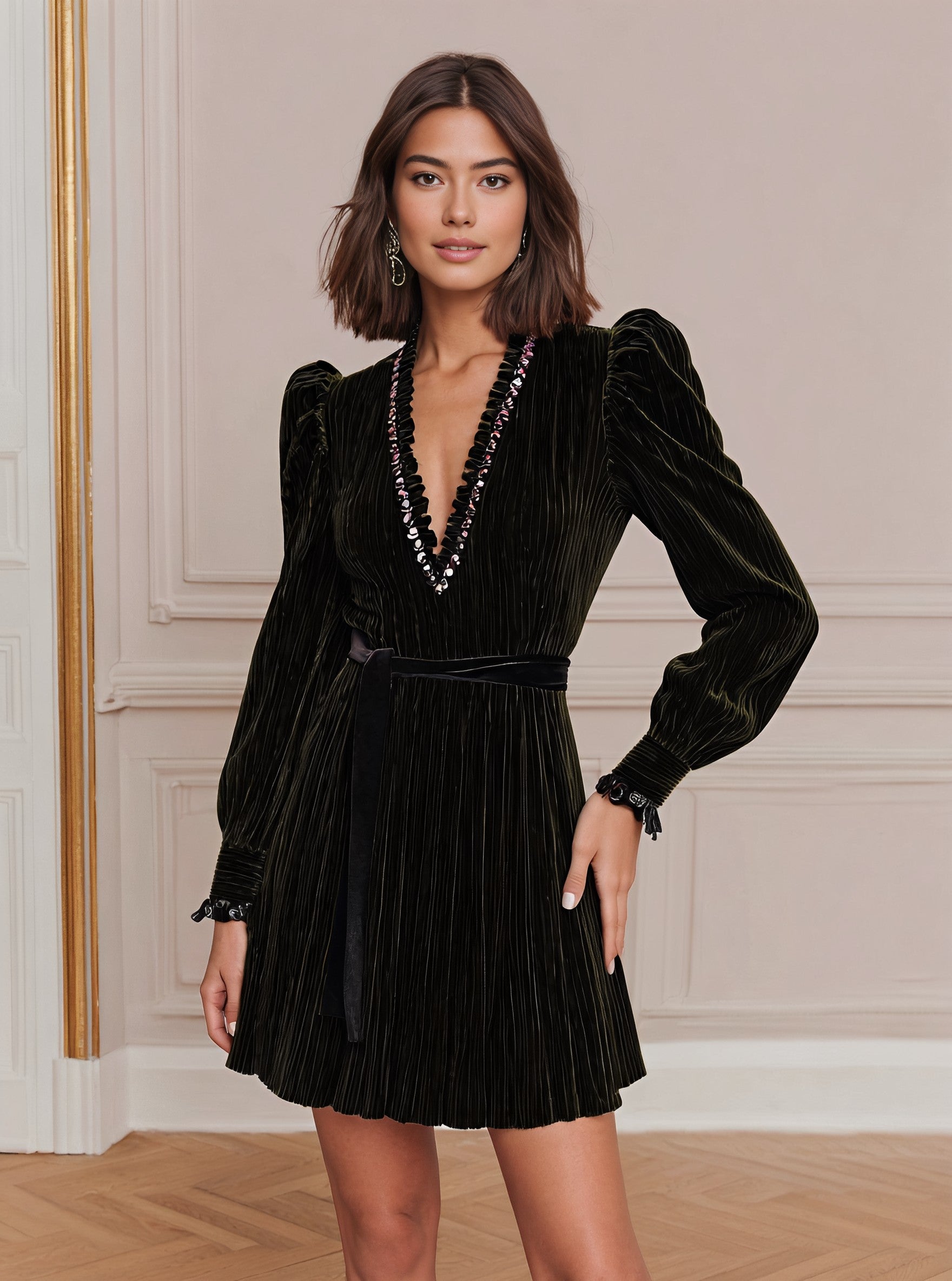 Autumn Casual Fit A-Line Dress Long Lantern Sleeve V-Neck Mid-Length Skirt Fashionable Comfortable Women's Clothing