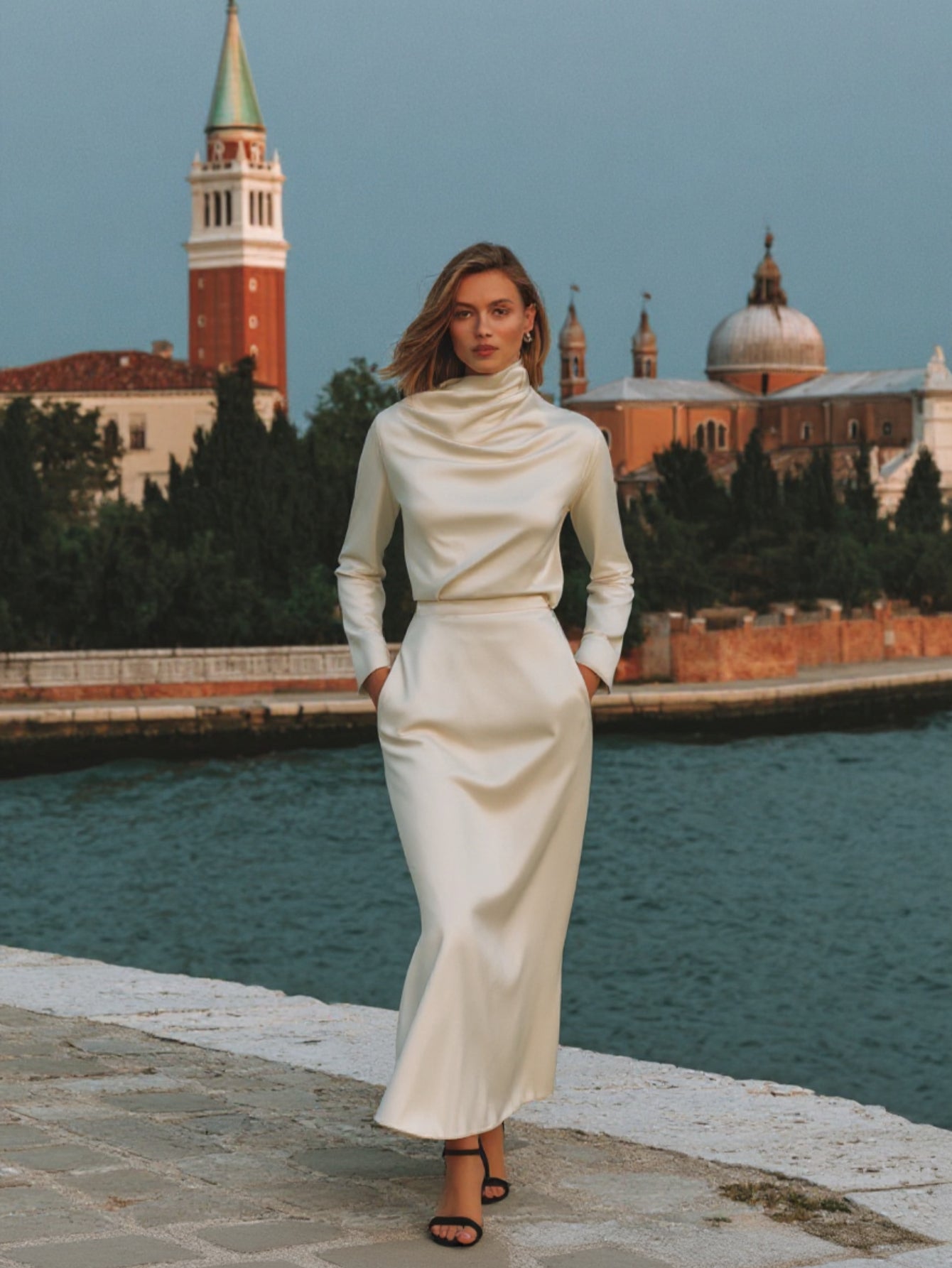 Women's Sets Autumn Winter Elegant Plain Bright Silk Long Sleeve Mock Neck Midi Vacation Lettuce Trim Sets