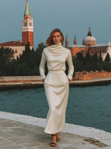 Women's Sets Autumn Winter Elegant Plain Bright Silk Long Sleeve Mock Neck Midi Vacation Lettuce Trim Sets