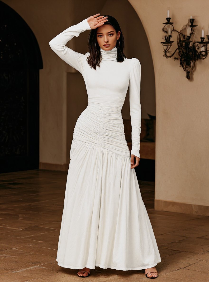 Women's Dress Autumn Elegant 2025 Plain Ruched High Neck Long Sleeve Mermaid Maxi Evening Formal Dress