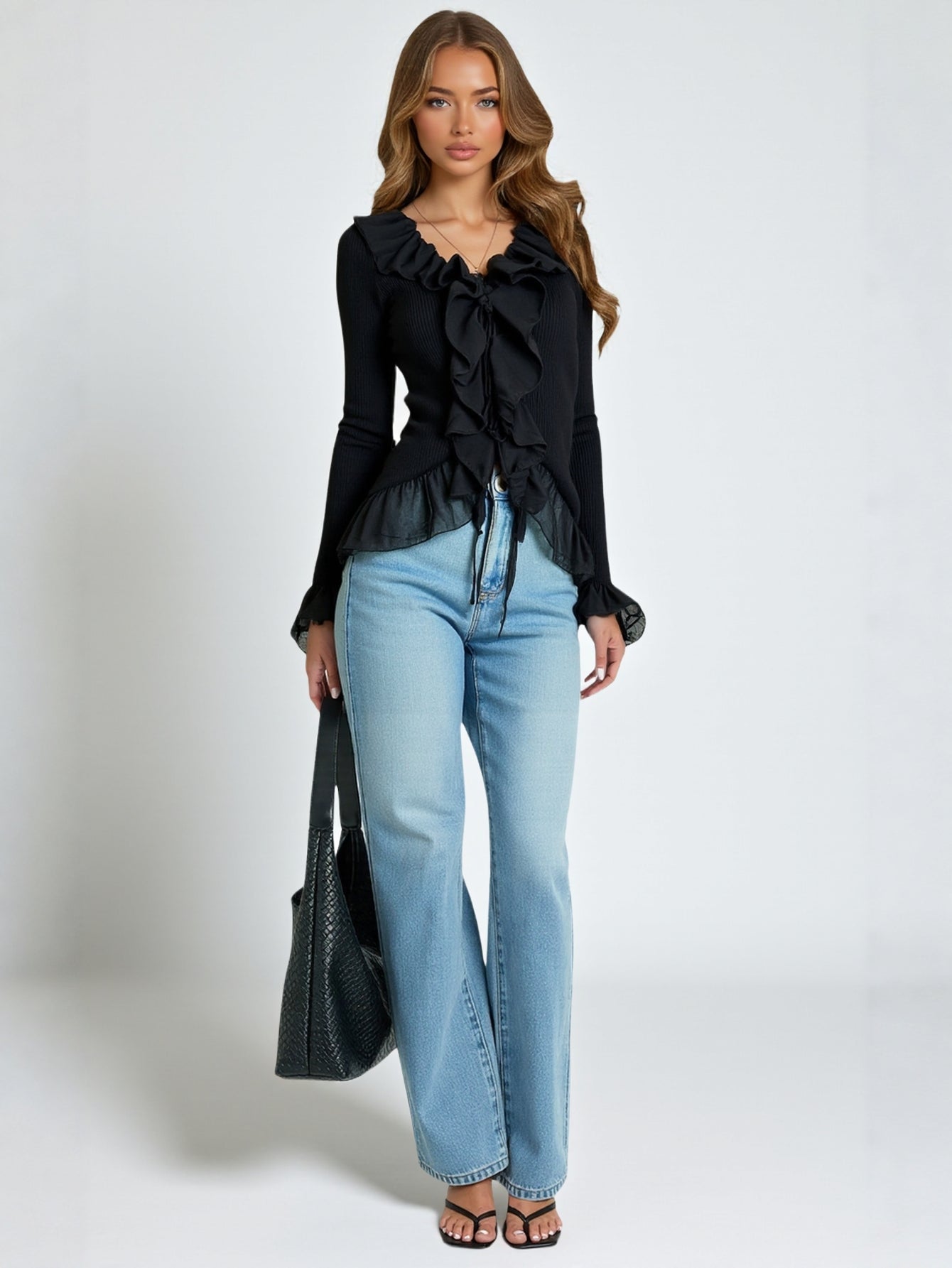 Women's Sweet And Spicy V Neck Lace Knitted Cardigan Long-Sleeved Ruffled Top Autumn Design for Casual Wear