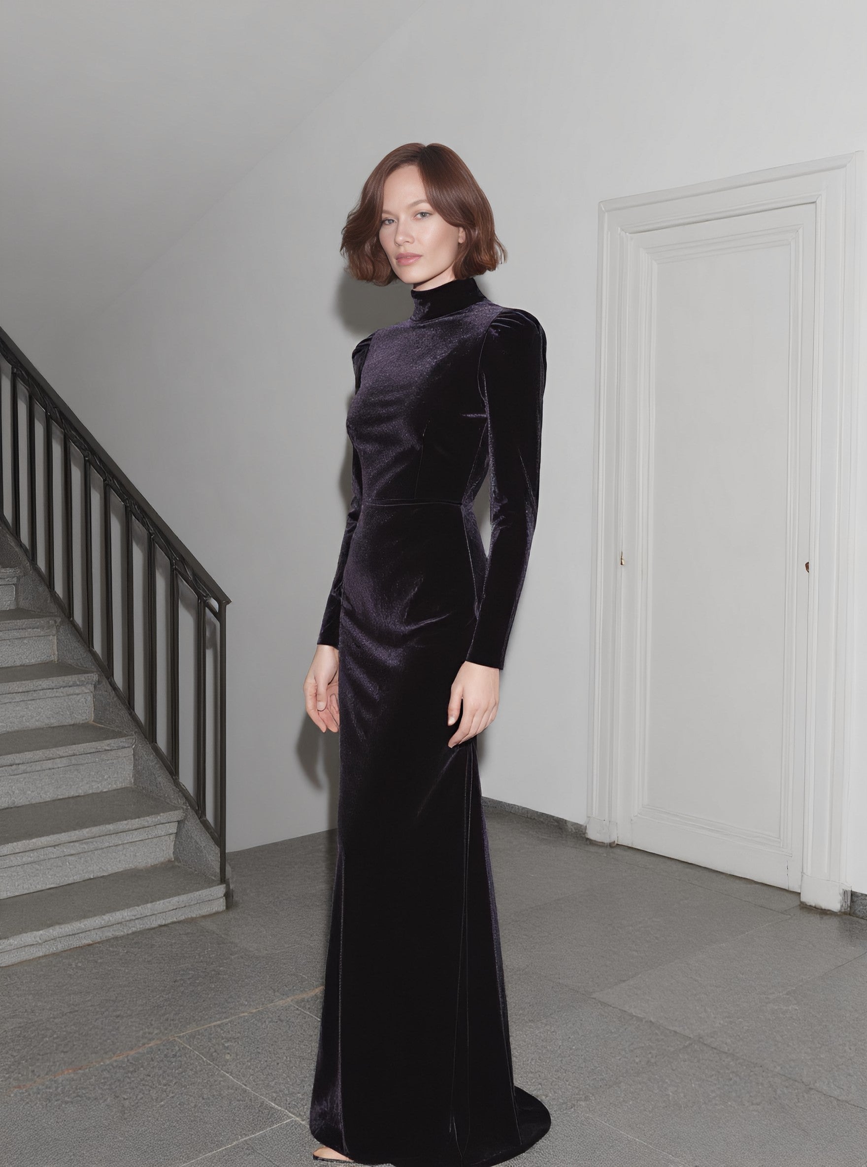 Autumn Tight Fit Dress High Collar Floor Length A-Line Skirt Casual Style Straight Sleeve Long Evening Gown Women's Fashion