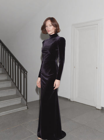 Autumn Tight Fit Dress High Collar Floor Length A-Line Skirt Casual Style Straight Sleeve Long Evening Gown Women's Fashion