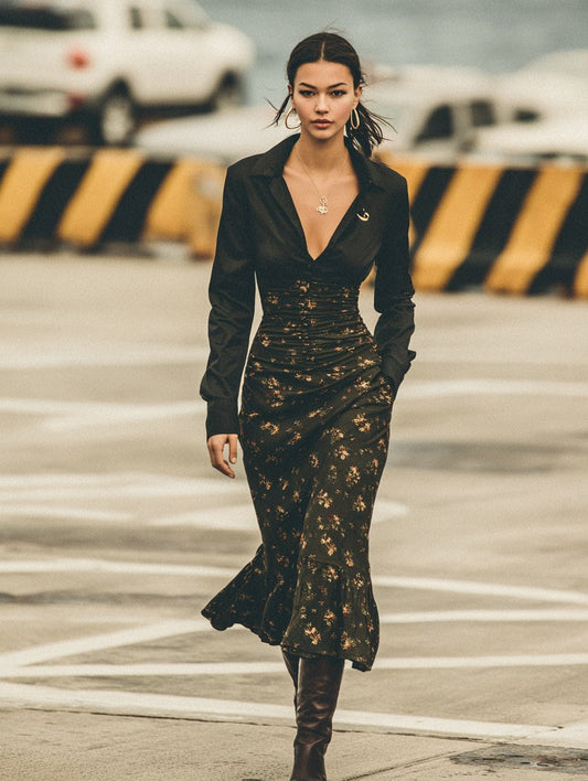 Autumn Winter Casual Dress Shirt Sleeve Turn-down Collar Bodycon Skirt Length Medium Dress For Women Fashion Style