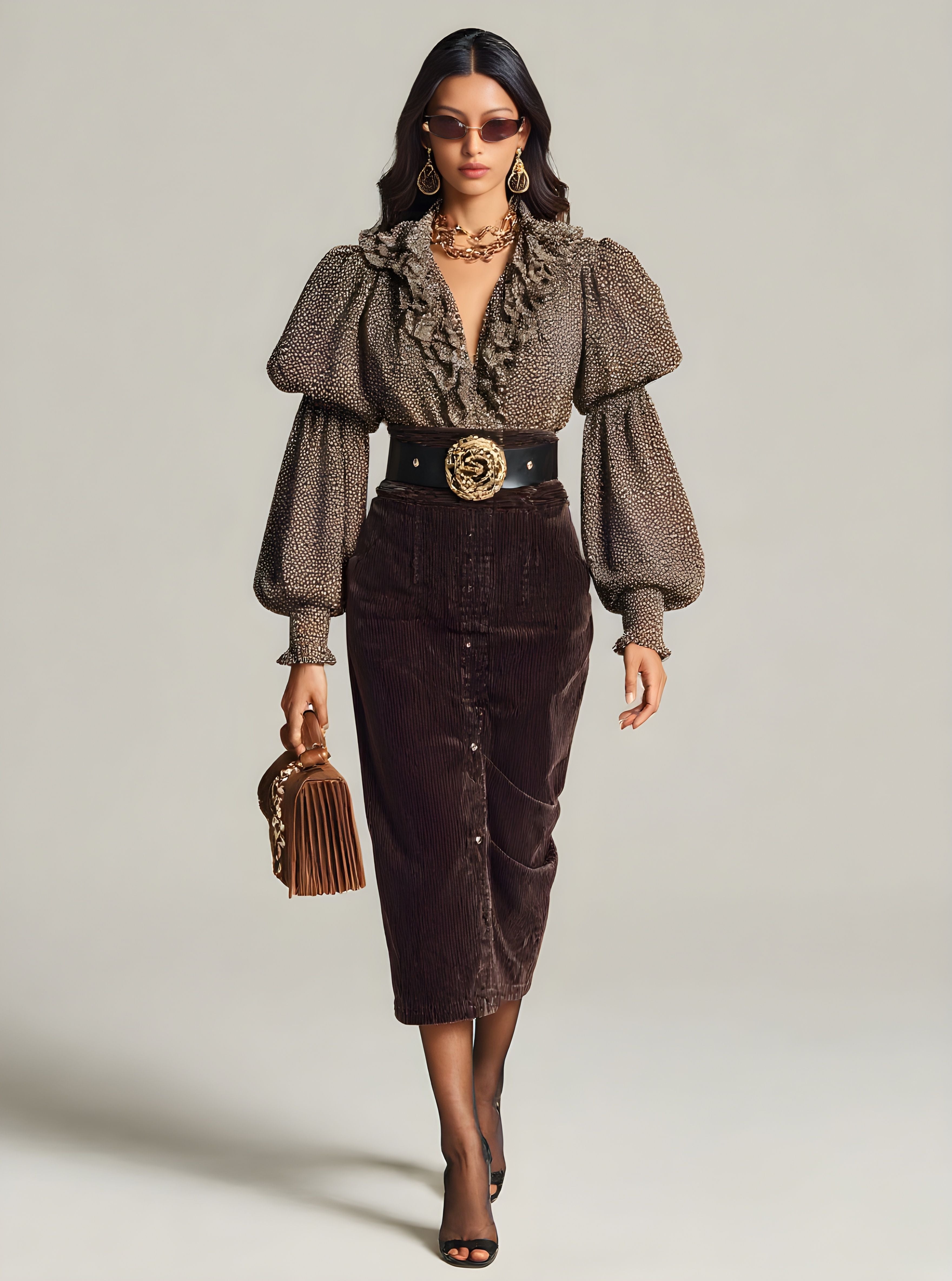 Autumn Blouses 2025 Women's Fashion Full Print Layered Long Lantern Sleeve V-Neck Flounce Basics Blouses