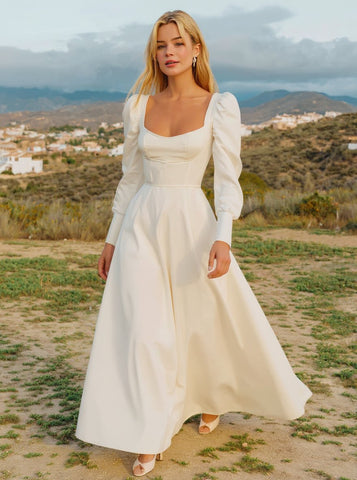 2025 Autumn Women's Dresses Simple Solid Color Side Slit Long Sleeve Square Neck Nipped Waists Holiday A-Line Midi Dresses