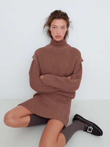 Loose Fit Casual Winter Dress Mid-Length Tight Style Half High Collar Straight Sleeve Women's Fashion Dress