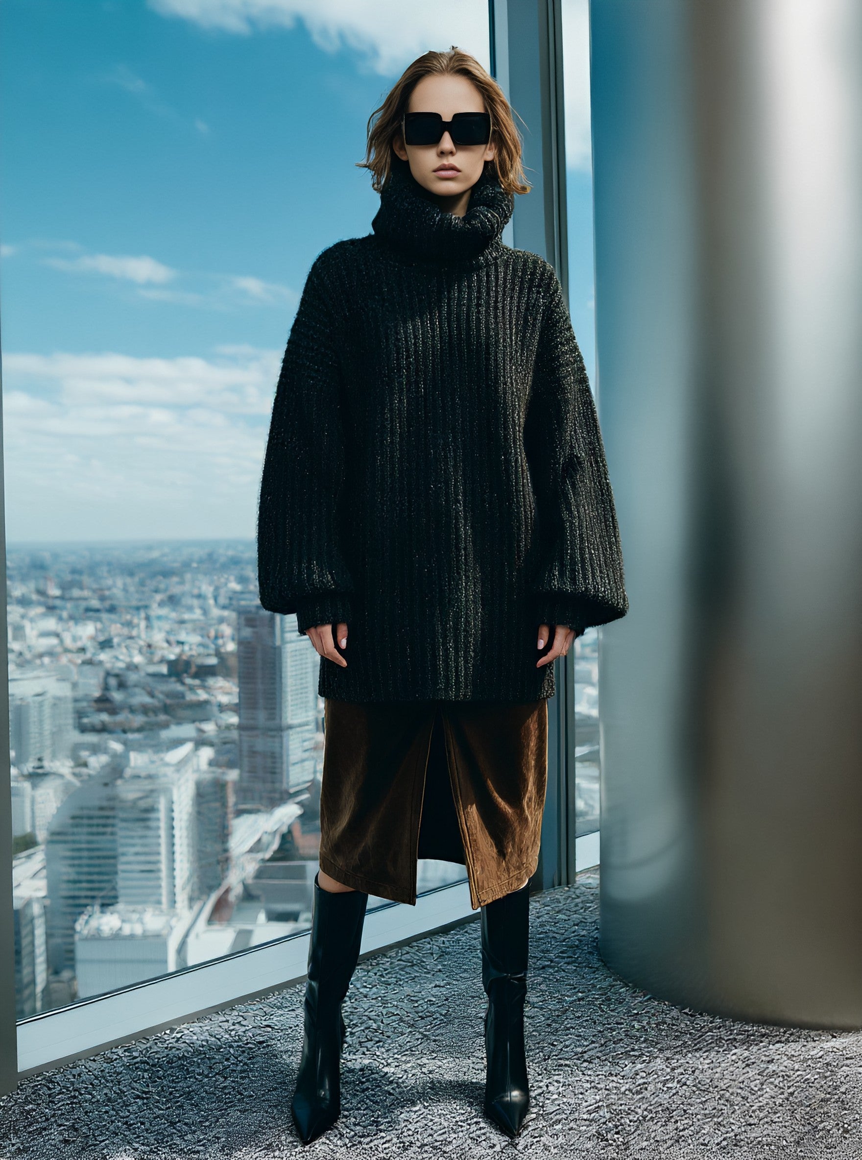 Loose Fit High Collar Lantern Sleeve Sweater Casual Style Long Sleeve Autumn Top Comfortable Regular Length Women's Knitwear