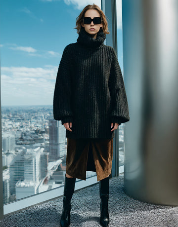 Loose Fit High Collar Lantern Sleeve Sweater Casual Style Long Sleeve Autumn Top Comfortable Regular Length Women's Knitwear