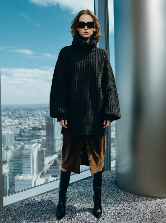 Loose Fit High Collar Lantern Sleeve Sweater Casual Style Long Sleeve Autumn Top Comfortable Regular Length Women's Knitwear