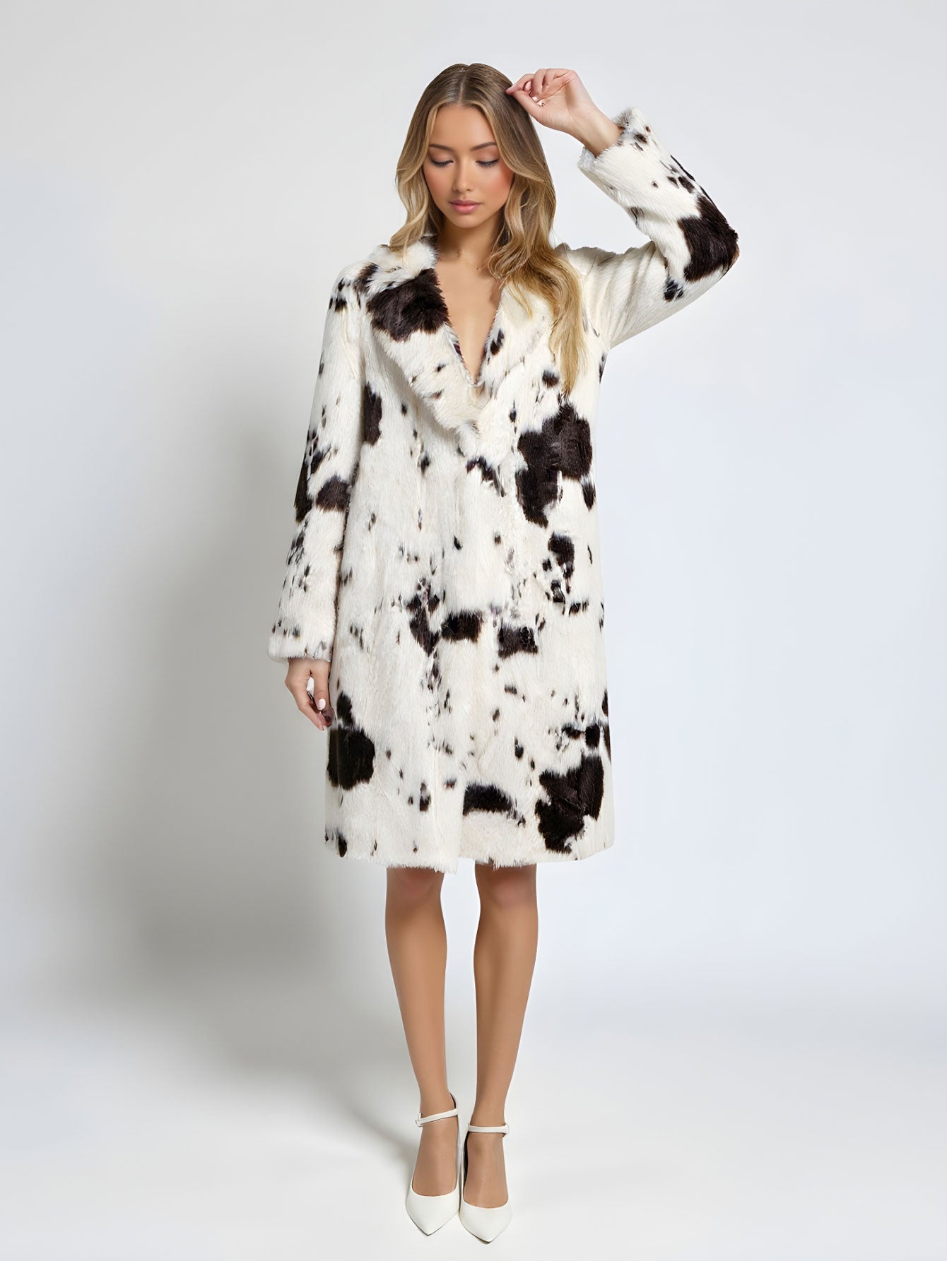 Women's Winter Long Faux Fur Coat Animal Print Lapel New Outerwear for Ladies