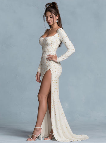 Autumn Tight Fit Floor Length Party Dress With Straight Sleeve Square Collar A-Line Skirt Style For Women