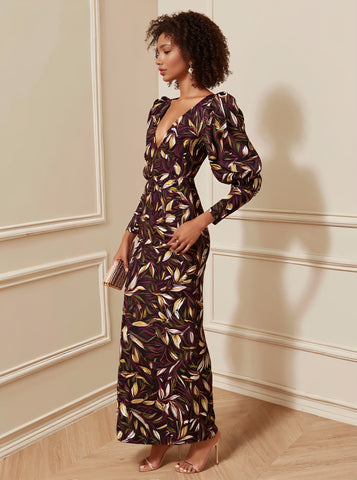 Autumn Tight Fit Wrap Dress Mid-Length V-Neck Lamb Sleeve Casual Style Women's Dress Fashionable Elegant Gown