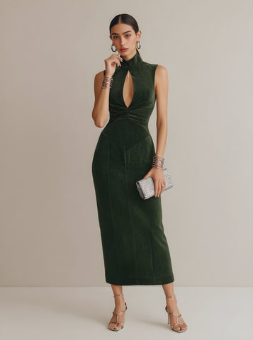 Autumn Dresses 2025 Women's Elegant Plain Sleeveless Mandarin Collar Cut-Out Folds Party Midi Dresses