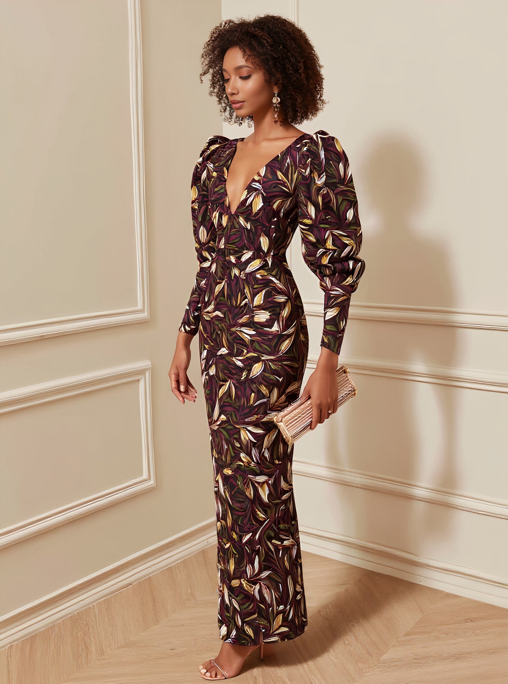 Autumn Tight Fit Wrap Dress Mid-Length V-Neck Lamb Sleeve Casual Style Women's Dress Fashionable Elegant Gown