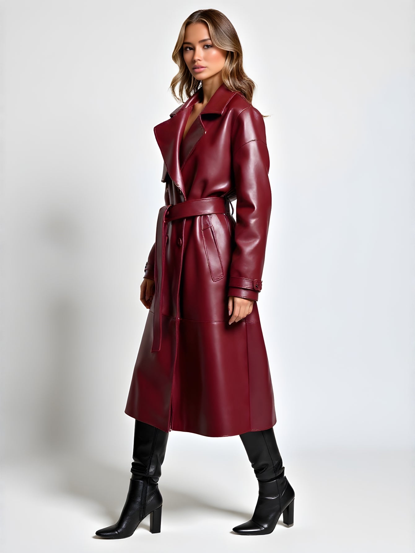 European and American Style 2025 New Winter Women's Retro Lapel Long-Sleeved Waist Lace-Up Double-Breasted Imitation Leather Outwear Jacket