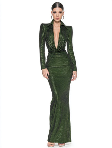 Casual Mid-Length Tight-Fit Dress With Flip-Collar And Straight-Sleeve Floor-Length Skirt For Autumn Season